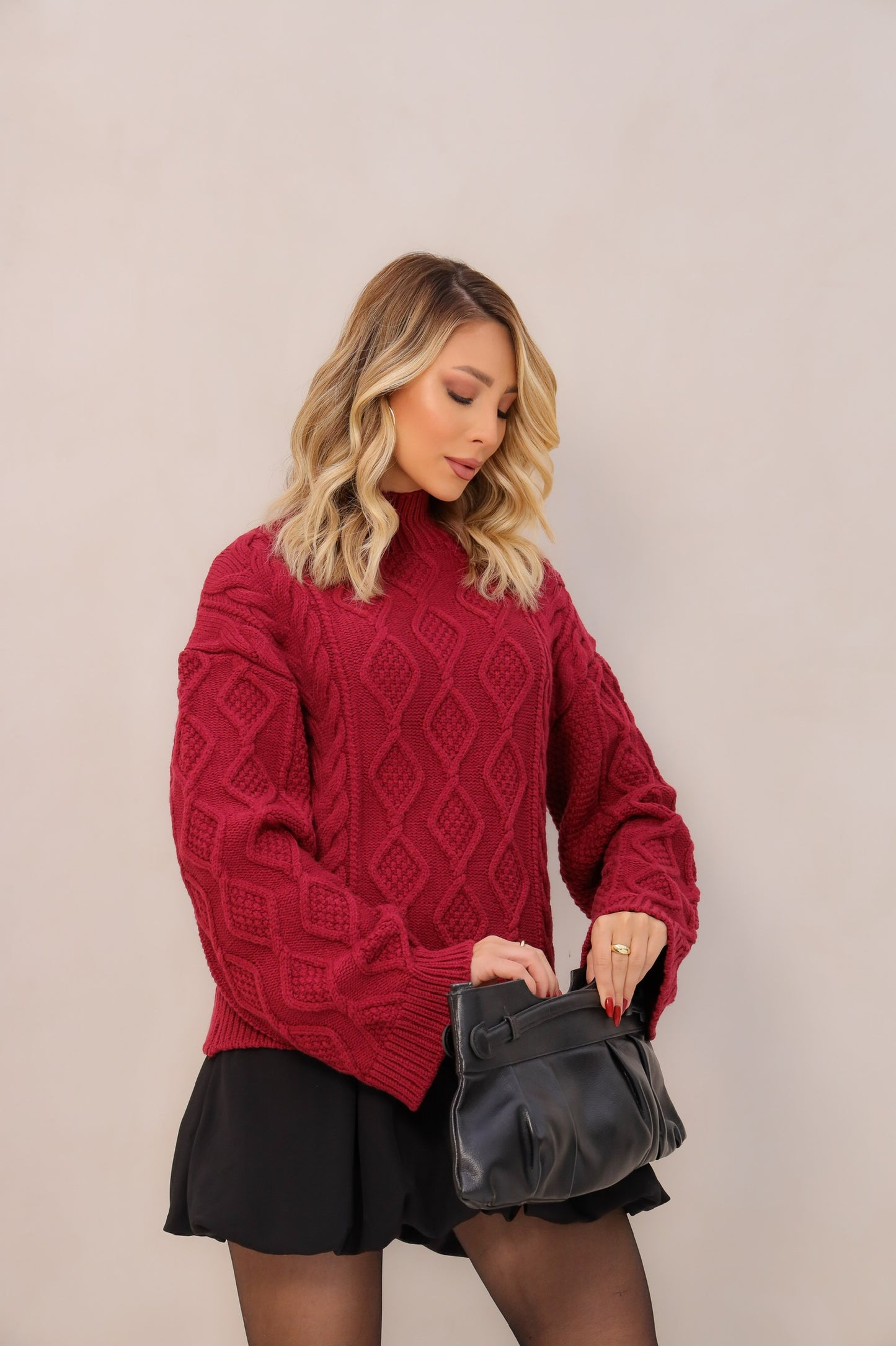 Knitted Sweater With Texture High Neck