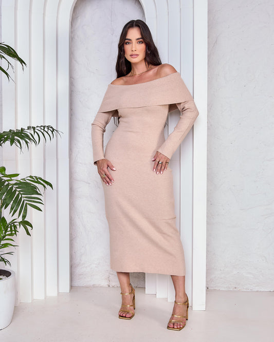 Vestido Midi Decote Ombro a Ombro Bege