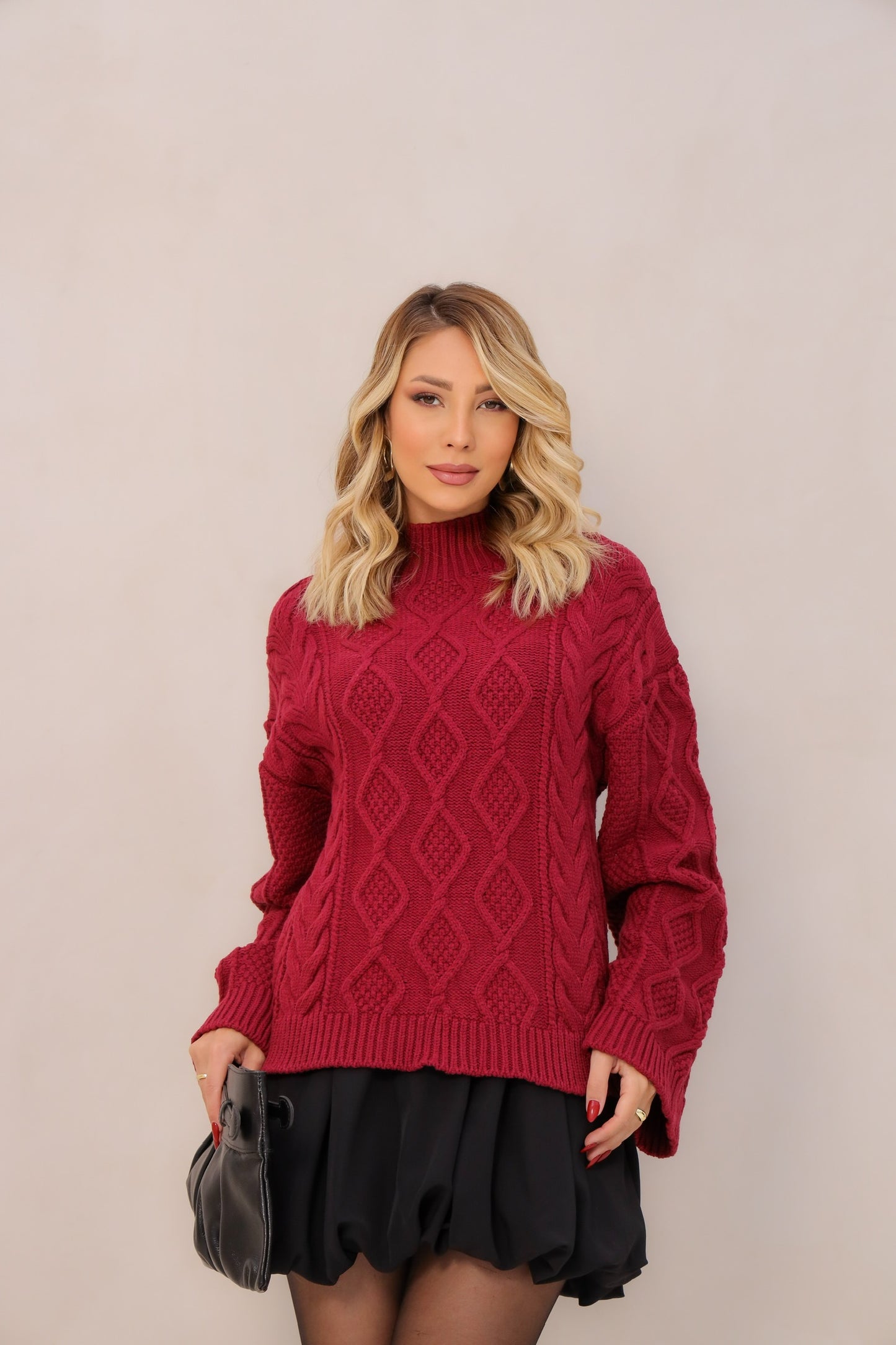 Knitted Sweater With Texture High Neck
