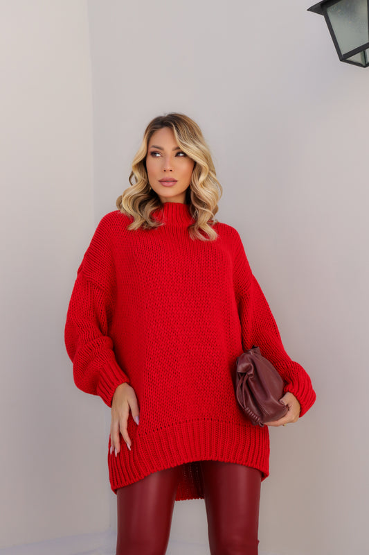 Suéter feminino de gola alta grande, tamanho único, vermelho