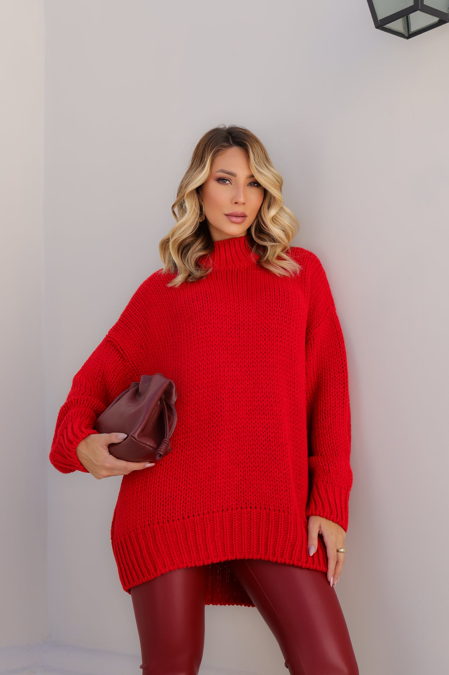Women's Oversized Turtleneck Sweater, One Size Red