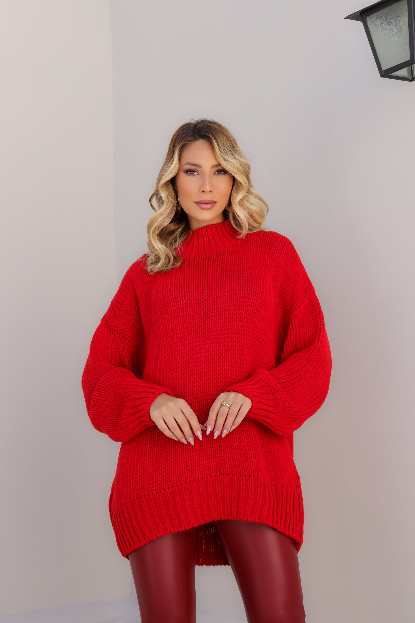 Women's Oversized Turtleneck Sweater, One Size Red