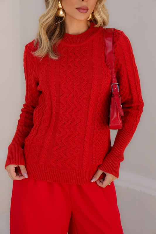 Suéter feminino de malha com gola redonda e manga comprida vermelho