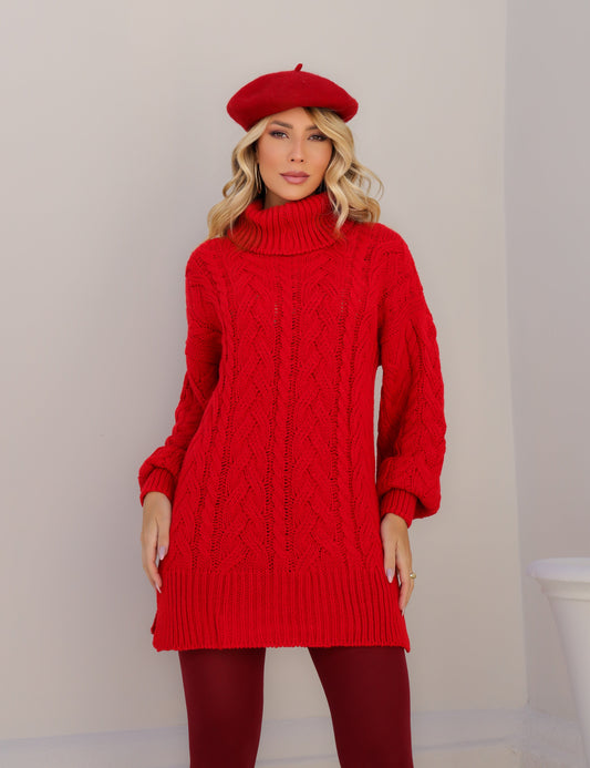 Suéter feminino de malha oversized com gola alta vermelho