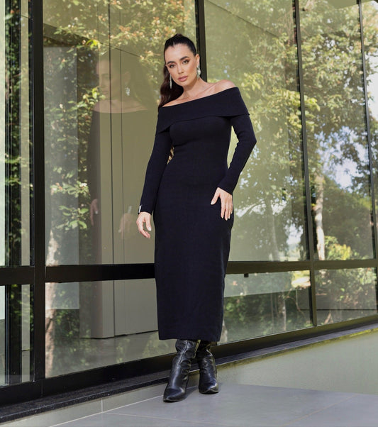 Vestido Midi Decote Ombro a Ombro Preto