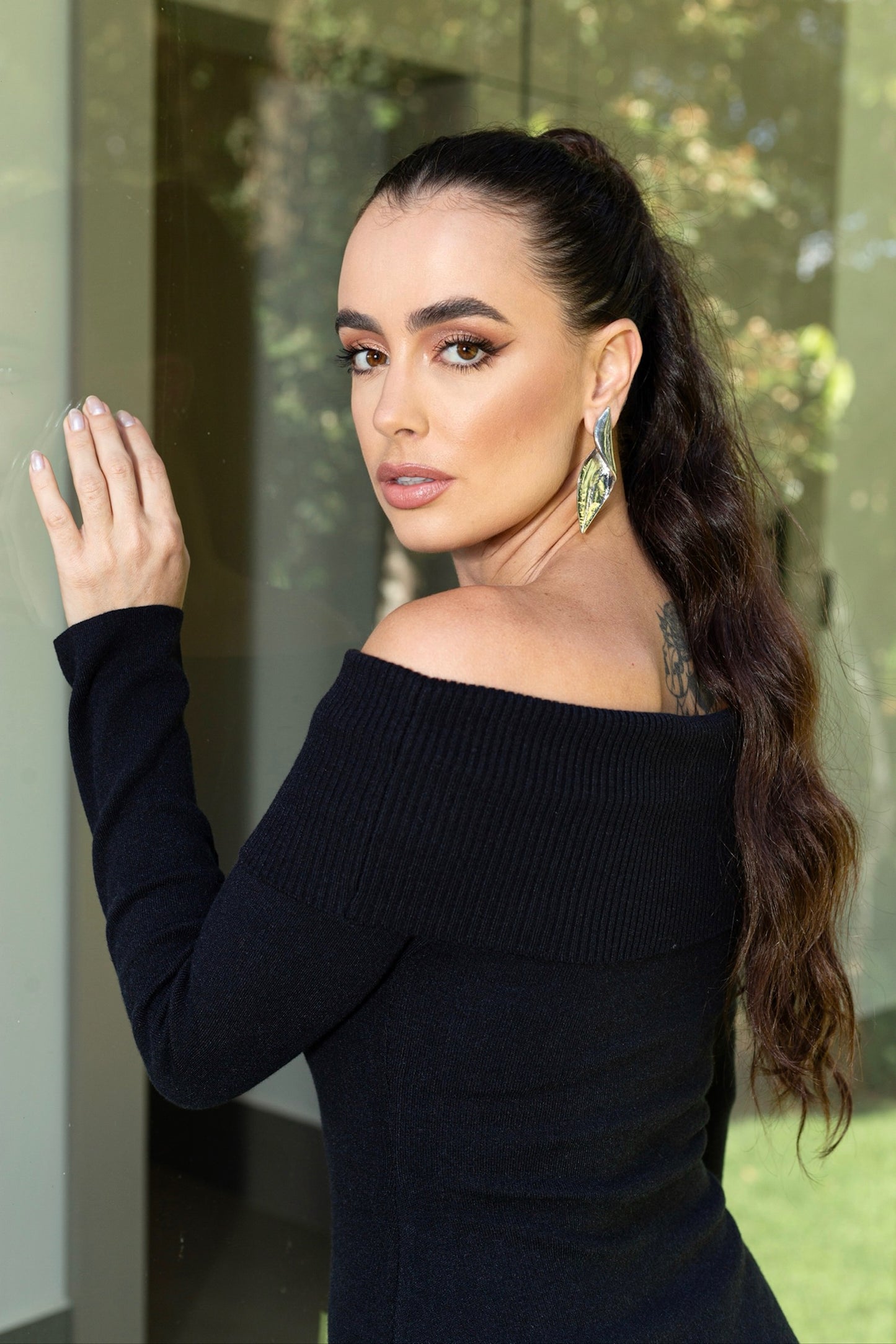 Midi Dress Off Shoulder Neckline Black