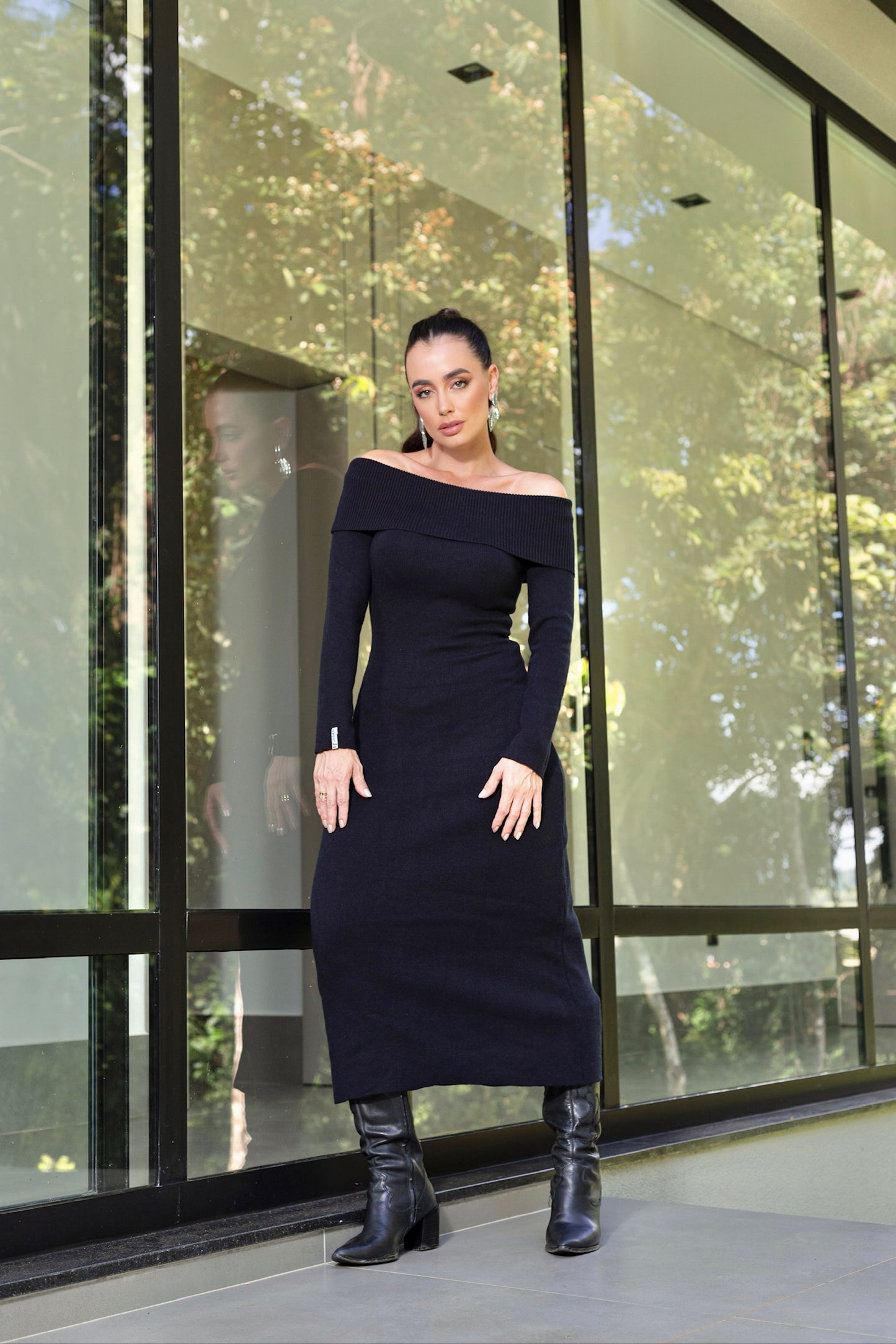 Midi Dress Off Shoulder Neckline Black